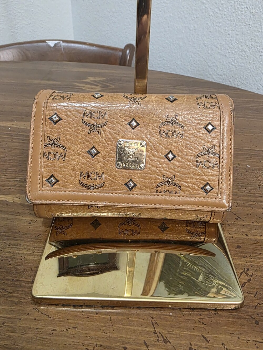 MCM Cognac Visetos Coated Canvas Studded  Trifold Wallet